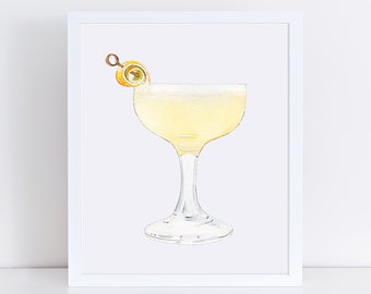 Sidecar Cocktail Art Print - Cocktail Wall Art - Home Bar Art Print - Sidecar with Lemon Design Art