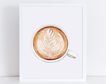 Latte Coffee Art Print - Coffee Wall Art - Home Coffee Bar Art Print -  Latte Watercolor Painting Print Design Art