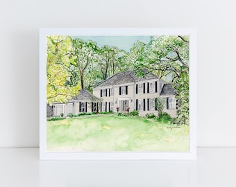 Retrato de casa en acuarela, pintura personalizada - Pintura de casa pintada a mano - Retrato de casa - Regalo de inauguración de la casa - Pintura de acuarela original
