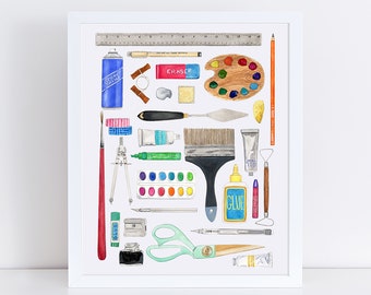 Artist Tools Art Print - Art Supplies Watercolor Art - Art Studio Art Print - Studio Art - School Supplies  - Paint Supplies