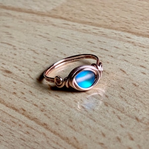 Mermaid Glass Ring Rose Gold Wire Wrapped Ring in Dark Blue