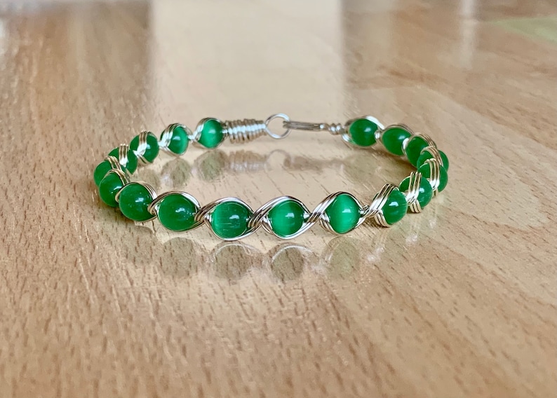 Patricks Day Green Cats Eye BraceletSilver Wire Wrapped BraceletGreen Beaded BraceletBoho jewelryGift for HerSt