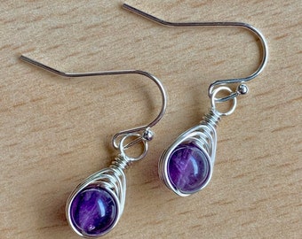 Sterling Silver Amethyst Earrings, Wire Wrapped February Birthstone