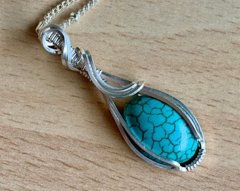 Turquoise Sterling Silver Pendant/Silver Wire Wrapped Pendant/Turquoise Necklace/Gemstone Necklace/Gift for Her/Gift for Him/Boho Jewelry