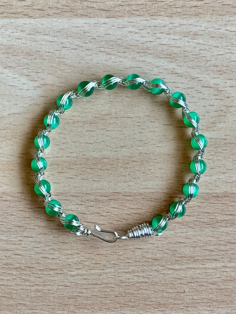 Patricks Day Green Cats Eye BraceletSilver Wire Wrapped BraceletGreen Beaded BraceletBoho jewelryGift for HerSt