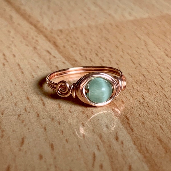 Mint Green Cats Eye Ring/Rose Gold Cats Eye Ring/Wire Wrapped Ring/Wire Wrapped Stone Ring/Mint Green Ring/Rose Gold/Boho Ring/ Gift for Her