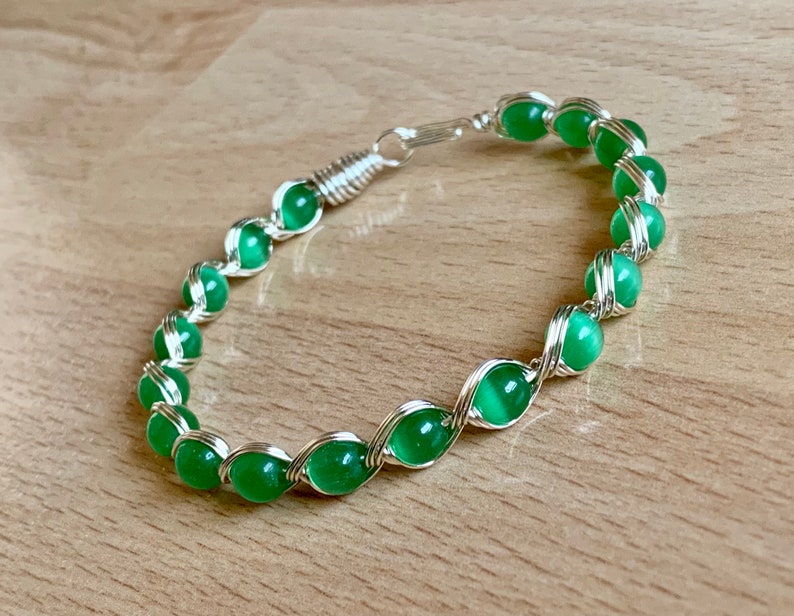 Patricks Day Green Cats Eye BraceletSilver Wire Wrapped BraceletGreen Beaded BraceletBoho jewelryGift for HerSt