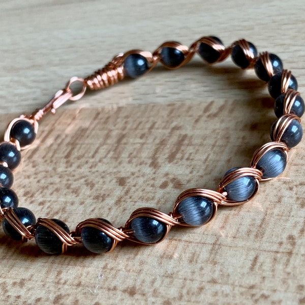 Black Cats Eye Bracelet/Copper Wire Wrapped Bracelet/Gray Cats Eye Bracelet/Boho Bracelet/Wire Wrap Bead Bracelet/Gift for Her/Gift for Him