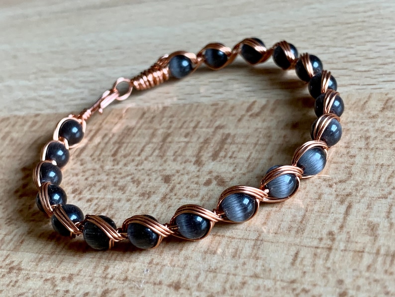 Black Cats Eye Bracelet/copper Wire Wrapped Bracelet/gray Cats Etsy