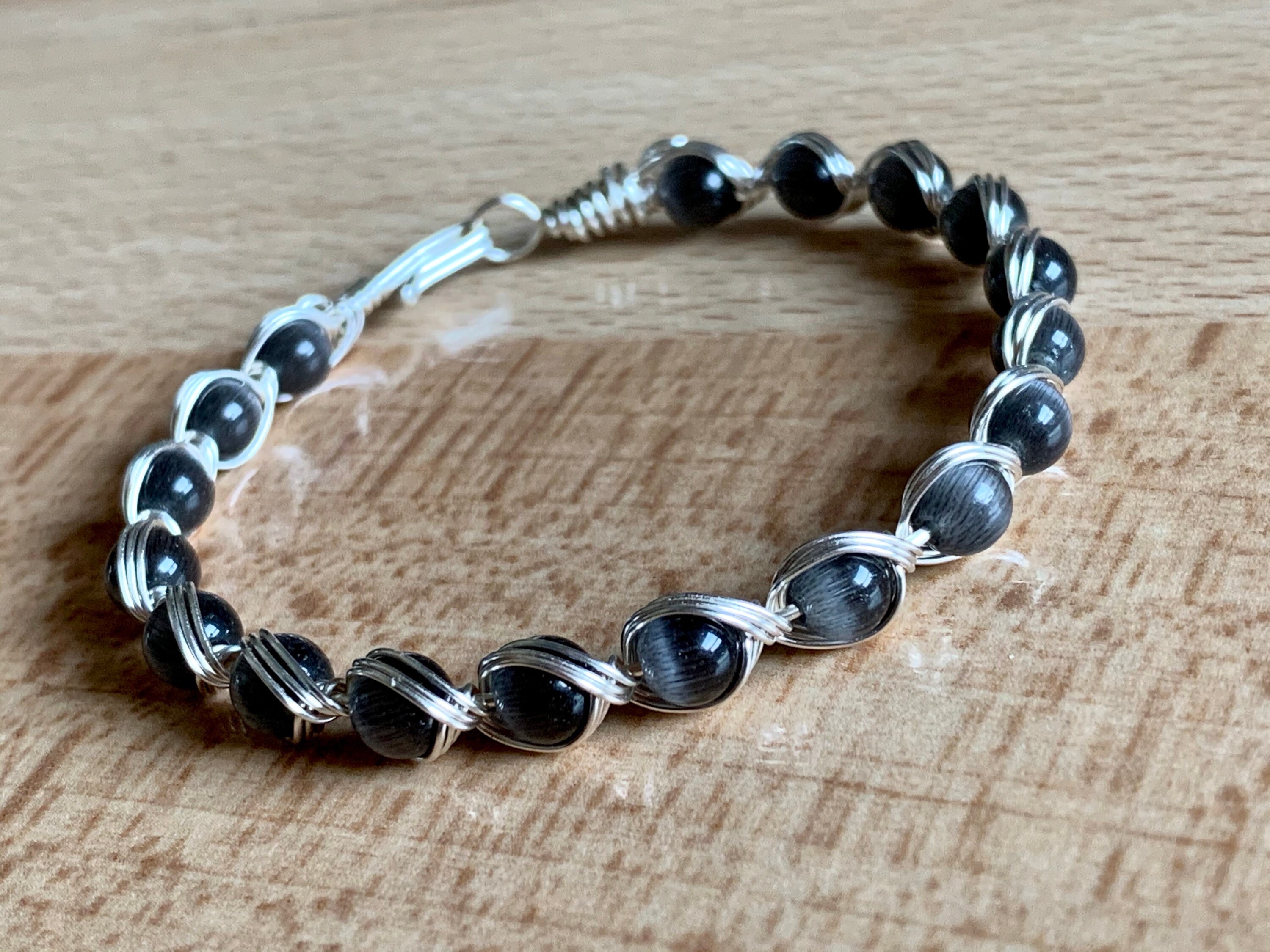 Black Cats Eye Bracelet/ Silver Wire Wrapped Bracelet/Gray Etsy