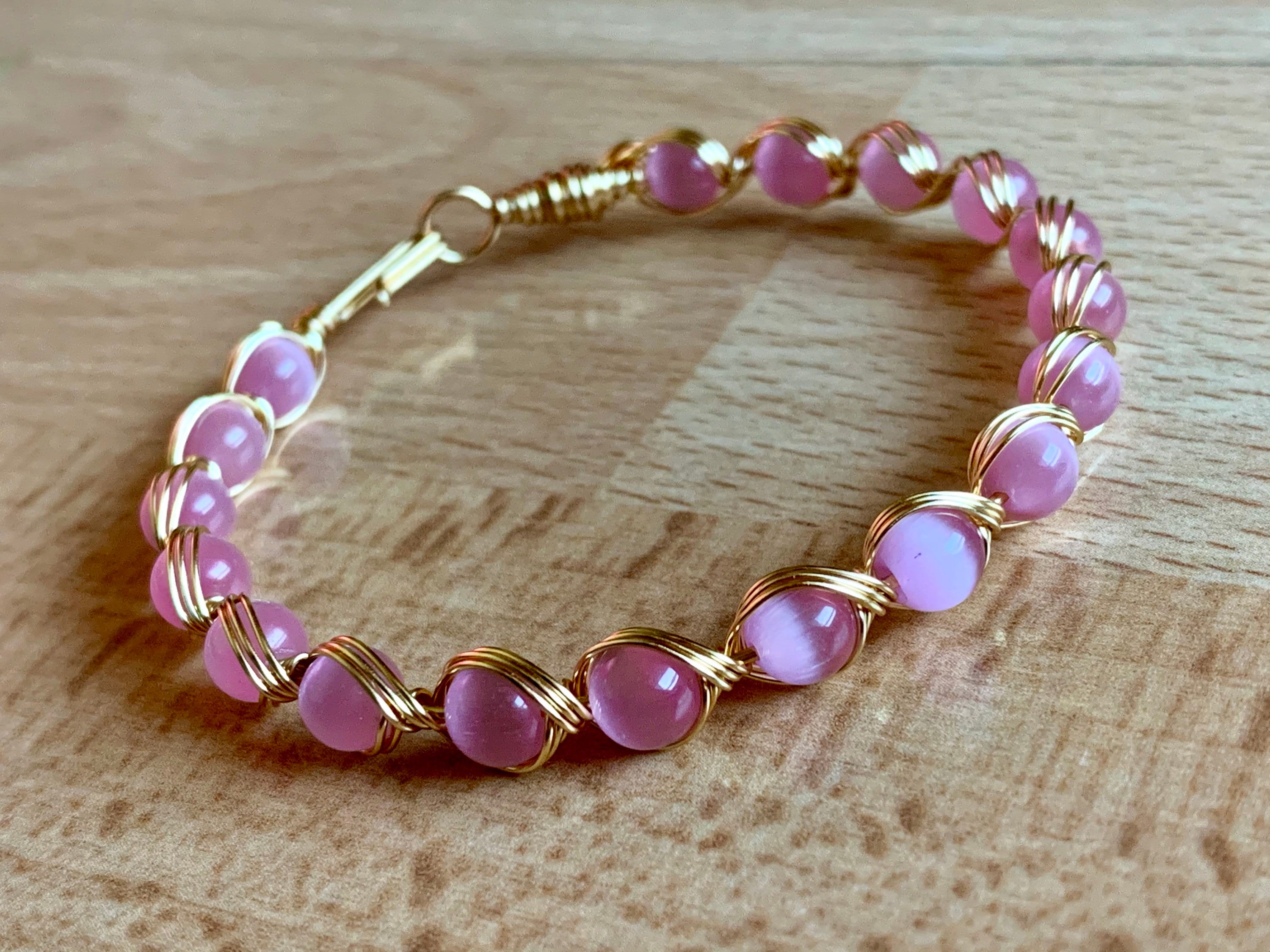 Pink Cats Eye Bracelet/Gold Wire Wrapped Bracelet/Cats Eye Etsy
