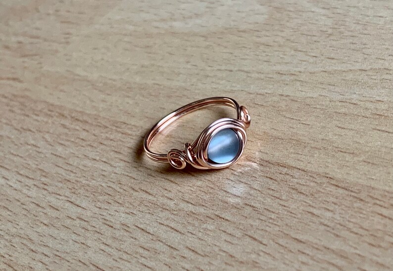 Silver Mermaid Glass Rose Gold RingWire Wrapped RingMoonstone GlassAura Glass RingBoho RingGift for Her