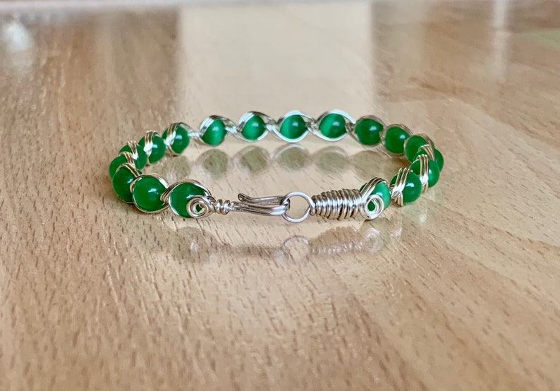 Patricks Day Green Cats Eye BraceletSilver Wire Wrapped BraceletGreen Beaded BraceletBoho jewelryGift for HerSt