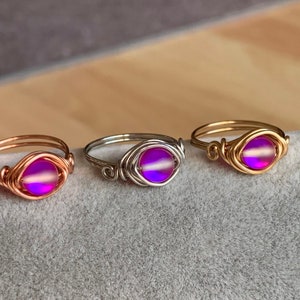Mermaid Glass Ring Wire Wrapped Iridescent Ring in Fuschia Hot Pink