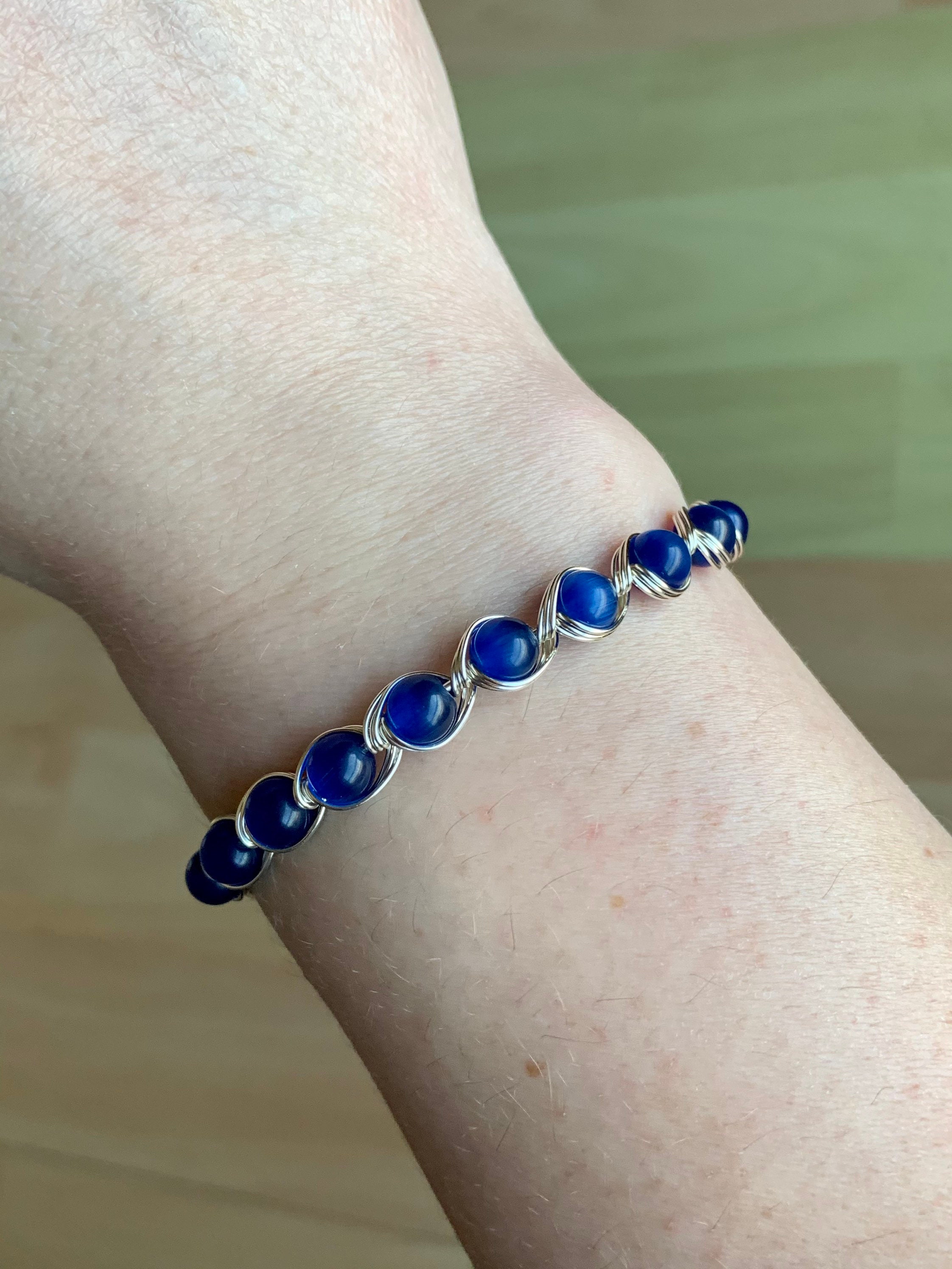 Blue Cats Eye Bracelet/silver Wire Wrapped Bracelet/cats Eye Etsy