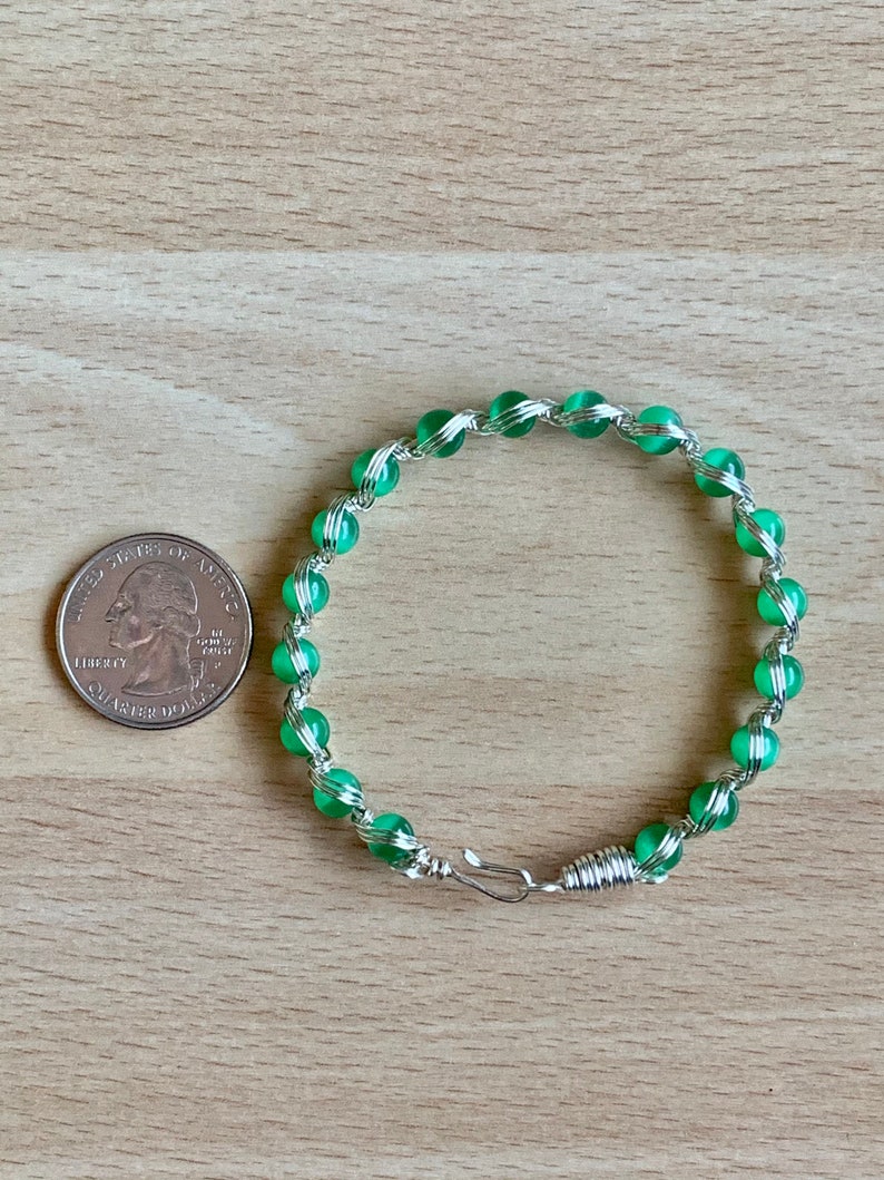 Patricks Day Green Cats Eye BraceletSilver Wire Wrapped BraceletGreen Beaded BraceletBoho jewelryGift for HerSt