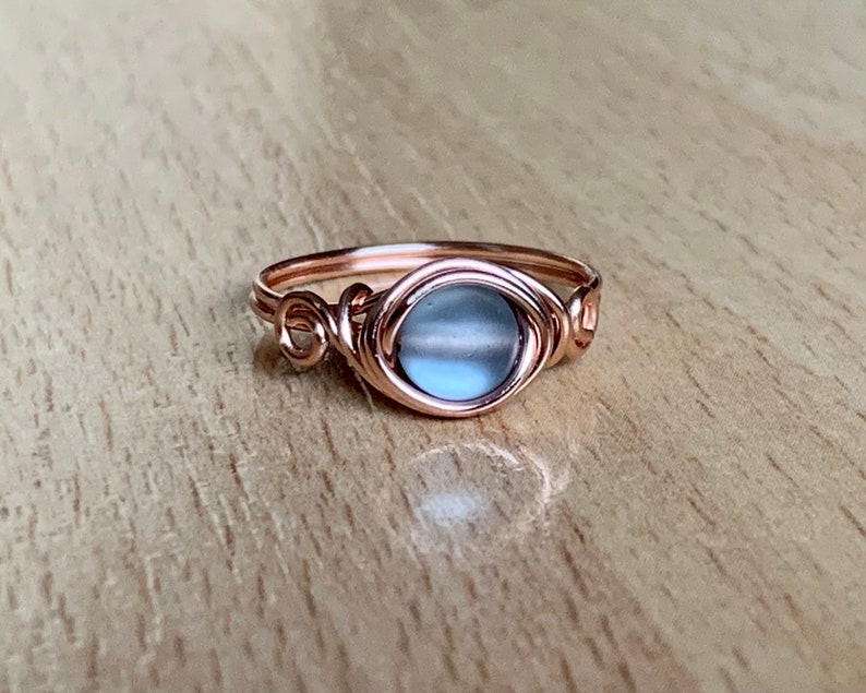 Silver Mermaid Glass Rose Gold RingWire Wrapped RingMoonstone GlassAura Glass RingBoho RingGift for Her