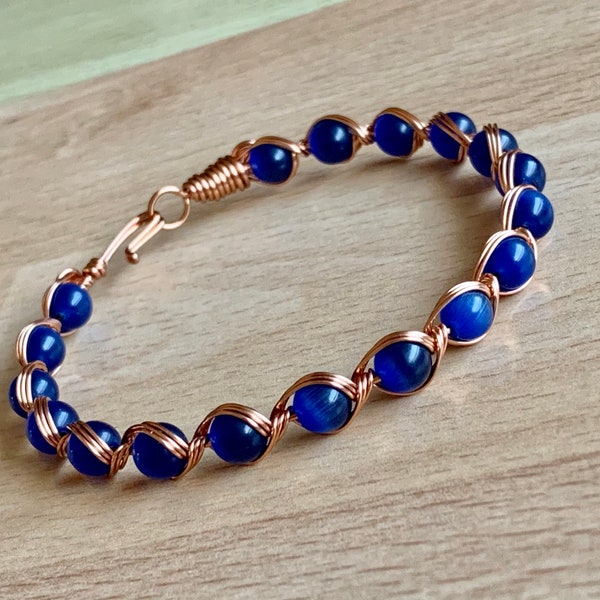 Royal Blue Cats Eye Copper Wire Wrapped Bracelet, Handmade Boho Jewelry