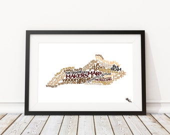 Kentucky Distilleries Typography Map, Custom Wall Poster, Digital Wall Print