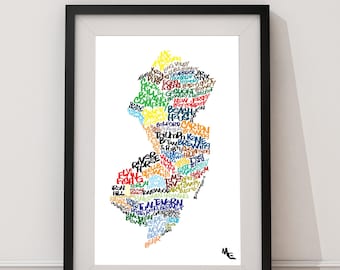 New Jersey Breweries Typography Map, Custom Wall Poster, Digital Wall Print