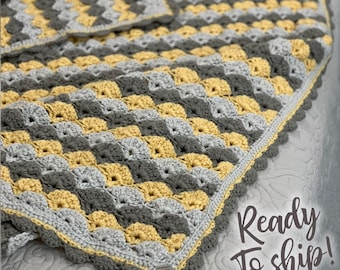 Trendy Grays and Yellow Lapghan; 36 x 50", Handmade Blanket, Wrapped & Ready To Ship Now!