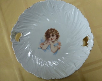 Antique Porcelain Plate Portrait of Young Girl