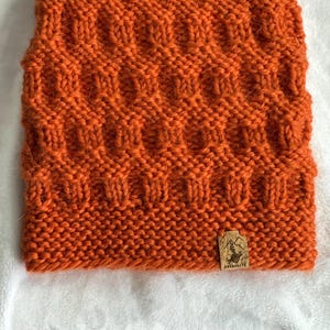 Honeycomb Beanie (Orange Zest color): Handmade Knit Hat of Alpaca & Wool.