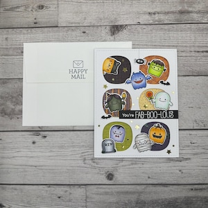 Fab-Boo-Lous Halloween Card, costume, ghost, witch, vampire, Frankenstein, cat, candy, stars