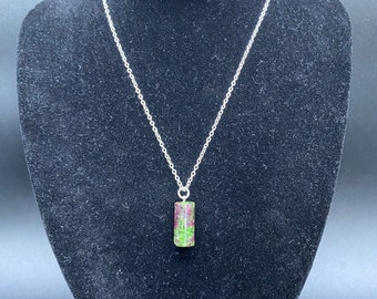 Ruby Zoisite Column Sterling Silver Necklace, crystal necklace, gemstone jewellery, handcrafted jewellery, green necklace, boho necklace