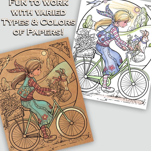 Instant Download  Coloring Page -NEW Special Half Price for 24 hours  Girl on Springtime Bike Ride- Family Coloring Party during Quarantine