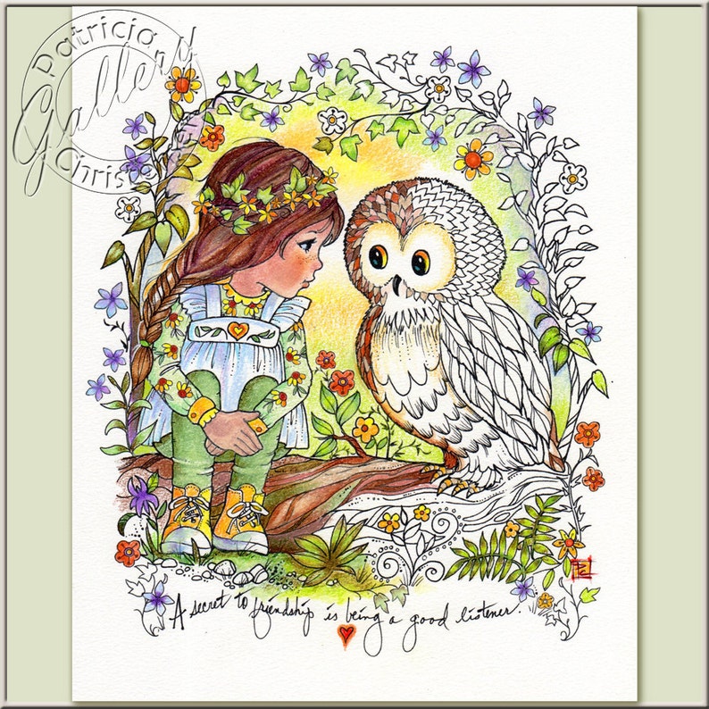 Printable Coloring Book Pages Digital Download Owl Girl | Etsy