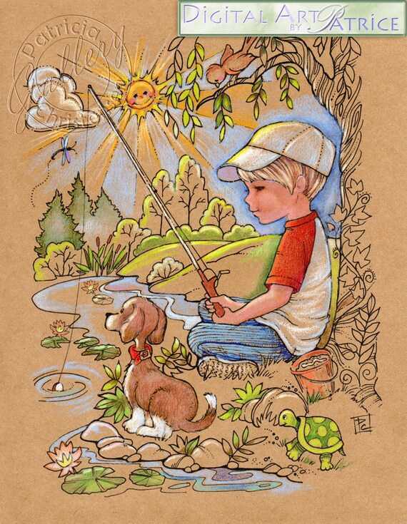 Download Printable Coloring Book Pages Boy Fishing Puppy Dog Boy Etsy
