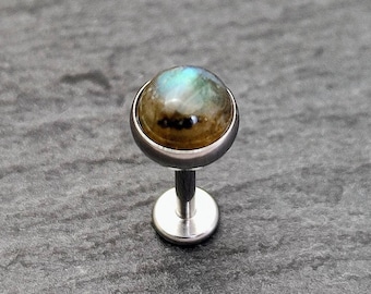 Labradorite Labret  - 5mm Gemstone - Surgical Steel - Flat Back - 16 Gauge or 14 Gauge