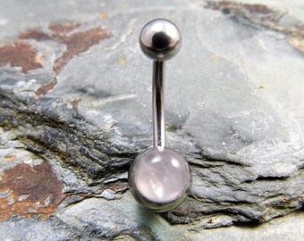 Natural Rose Quartz Belly Bar - 316L Steel - 14 Gauge Belly Button Ring