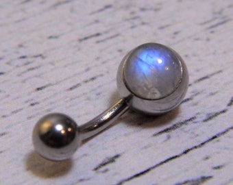 Natural Rainbow Moonstone Belly Bar - 6mm Gem - 316l Surgical Steel - Belly Button Piercing - 14 Gauge Belly Ring