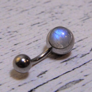 Natural Rainbow Moonstone Belly Bar - 6mm Gem - 316l Surgical Steel - Belly Button Piercing - 14 Gauge Belly Ring