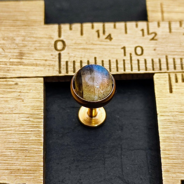 Labradorite Gold Labret  - 5mm Gemstone - Surgical Steel - Flat Back  - Helix - Conch - Tragus