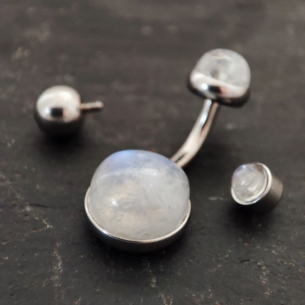 Indian Rainbow Moonstone Belly Bar - 316l Steel - 4 bar lengths - 14 gauge - Moonstone Belly Button Piercing