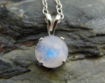 Rose Cut Rainbow Moonstone Pendant Rainbow Moonstone Necklace Sterling Silver 8mm Round Cabochon