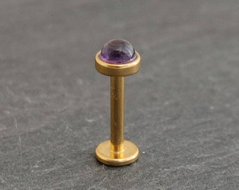 Amethyst Labret Stud -  3mm Gem - Gold Titanium Coated 316L Steel - Internally Threaded - 18, 16, or 14 Gauge