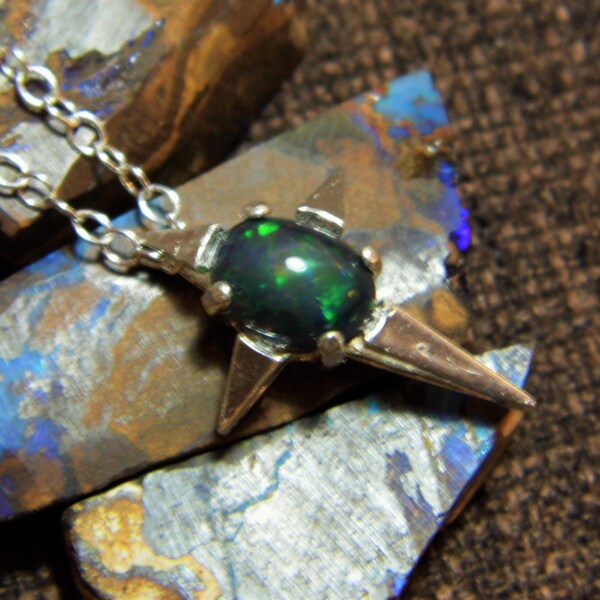 Opal Star Cross Pendant Sterling Silver Ethiopian Opal Black Smoked