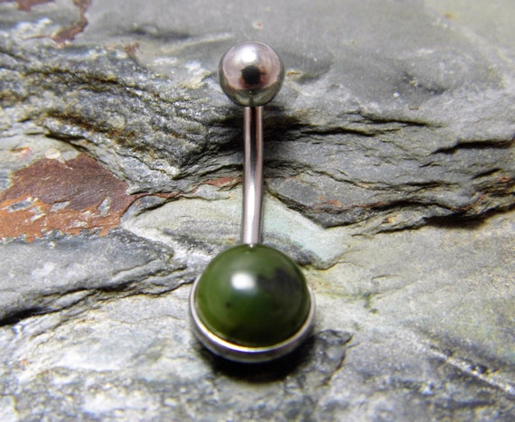 Natural Jade Belly Bar 14 Gauge Surgical Steel Nephrite Belly Ring