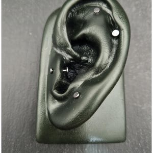 Könnte beinhalten: Präsentation eines dunkelgrünen ohrförmigen Schmuckhalters mit mehreren silberfarbenen Ohrpiercings. Die Piercings sind kleine, kreisförmige Stecker und ein Barbell. Der Halter steht auf einer dunkelgrauen Oberfläche.