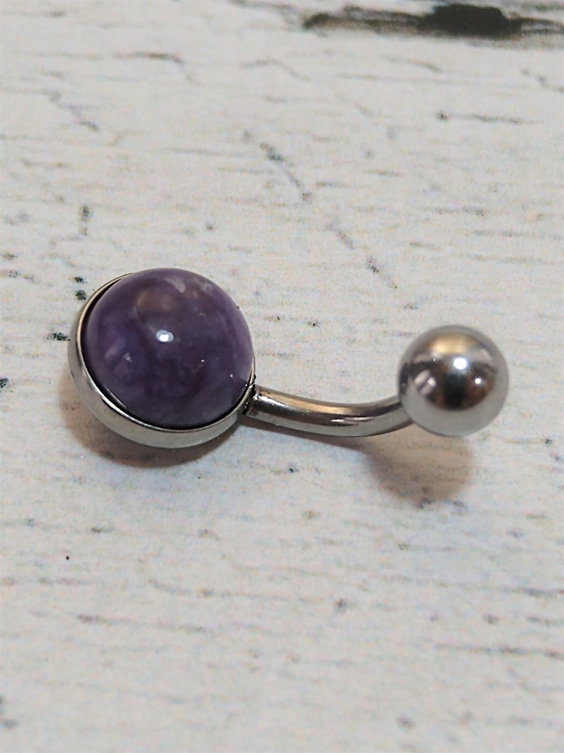 Purple Fleck Belly Bar Surgical Steel Dark Charoite Belly Ring Navel Post 14 Gauge