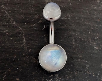 Rainbow Moonstone Belly Button Ring: Surgical Steel, 14 Gauge