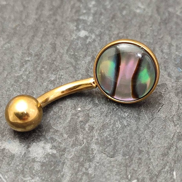 Abalone Shell Gold Belly Bar - Surgical Steel Paua Belly Ring