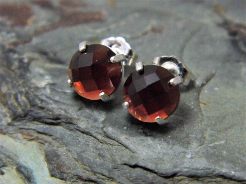 4 Claw Sterling Silver Setting Garnet Stud Earrings Checkerboard Cut 8mm Garnet Earrings