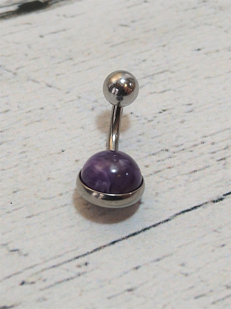 Purple Fleck Belly Bar Surgical Steel Dark Charoite Belly Ring Navel Post 14 Gauge