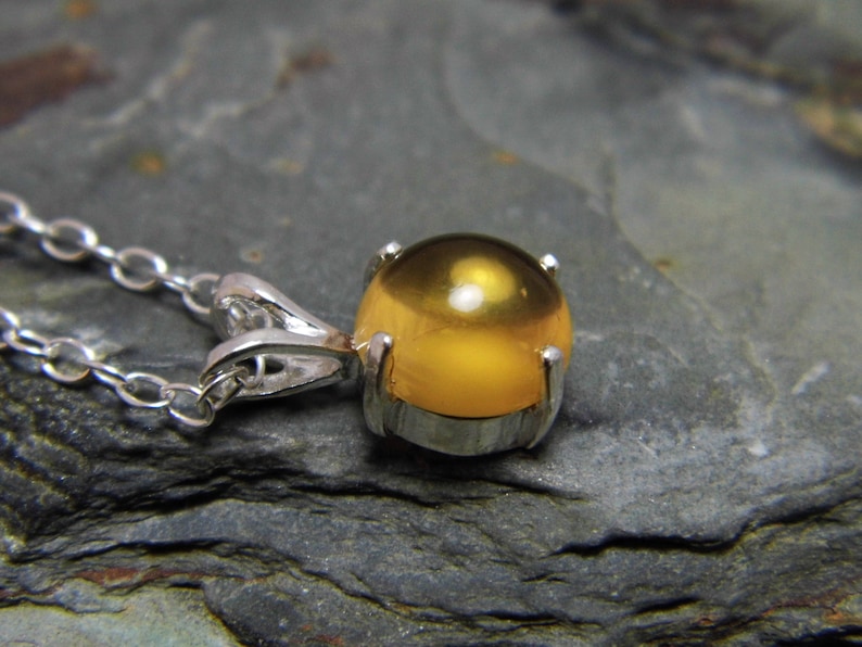 Citrine Pendant Necklace Yellow Gemstone Jewelry Sterling Silver Chain 8mm Round Citrine Cabochon