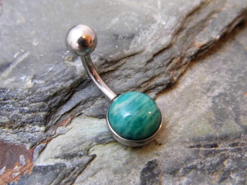 Green Amazonite Belly Ring Surgical Steel 316L Russian Amazonite Belly Bar 14 Gauge